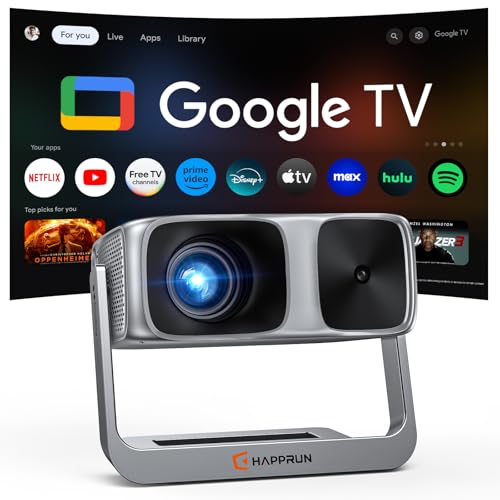 Image of 2000 ANSI Official Licensed Google TV Outdoor Projector 4K Full HD, Smart Projector with Wifi and Bluetooth, Auto Focus, Dolby Sound, Built-in Apps, HAPPRUN Indoor Home Theater with 270° Stand