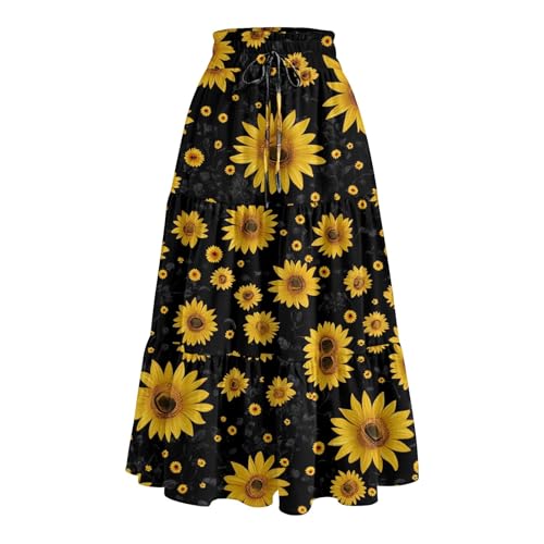 Womens Midi Skirts with Pockets 2025 Summer Long High Elastic Waist Beach Boho Flowy Ruffle A-Line Retro Floral Maxi Skirt3