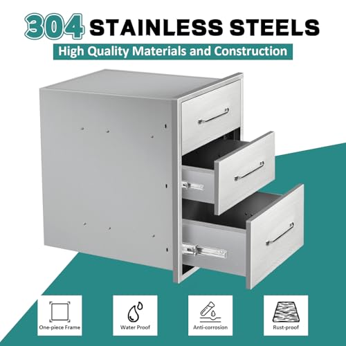 Image of Outdoor Kitchen Drawers 14 inch W x 21 inchH x 21 inchD Stainless Steel Drawer BBQ Triple Drawers with Chrome Handle for Outdoor Kitchen Island, Patio Grill Station