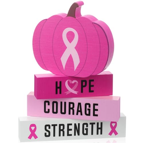 GlikCeil 4 Pcs Breast Cancer Awareness Table Centerpiece Decorations Pink Ribbon Tiered Tray Decor Wooden Pumpkin Block Signs for Fight Breast Cancer Charity Party Supplies
