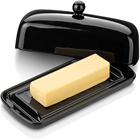Nucookery Ceramic Butter Dish with Lid | Raised Legs and Non-Slip Strip Design | Porcelain Health | Dishwasher Safe, Black Cover
