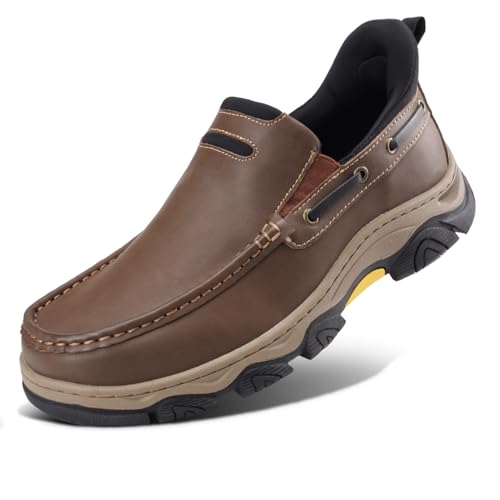 Men's Slip On Hands Free Leather Walking Work Loafers Slip-Ins Outdoor Dress Casual Cushioning Shoes