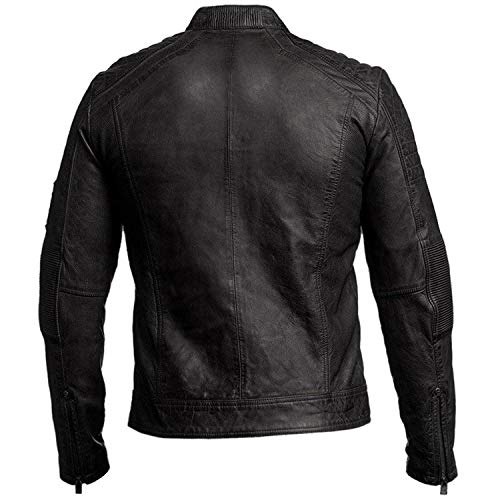 Image of Men's Leather Jacket Cafe Racer Biker Style Retro Stripes Jacket, Motorcycle Racing Leather Jacket Men