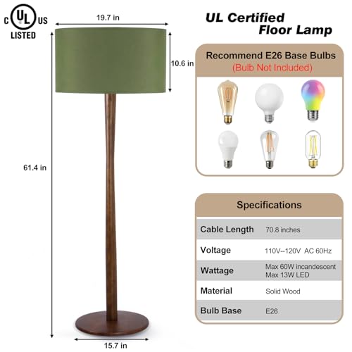 Image of 62 inch Tall Rustic Walnut Wood Floor Lamp with Large Linen Shade, Green