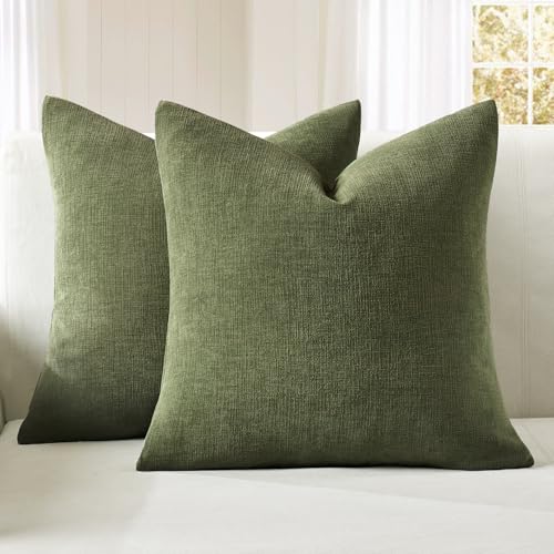 MIULEE Olive Green Couch Pillow Covers 18x18 Inch, Set of 2 Soft Chenille Decorative Square Throw Pillow Covers Farmhouse for Sofa Living Room Bed