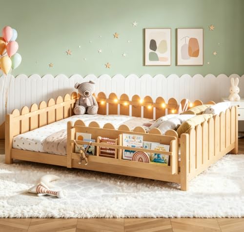Bellemave Queen Size Floor Bed with high Rails and with Built-in Bookshelf for Kids, Girls, Boys, Wood Montessori Floor Bed Farm Style Design, Light Natural by Bellemave - Used condition - Image 2