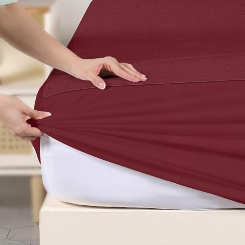 9villa 100% Waterproof Premium Cotton Feel Mattress Protector | Ultra Soft Breathable & Hypoallergenic Fitted Bed Protector Terry Cover (Maroon, Single Bed 72 x 36,6 x 3 Feet)