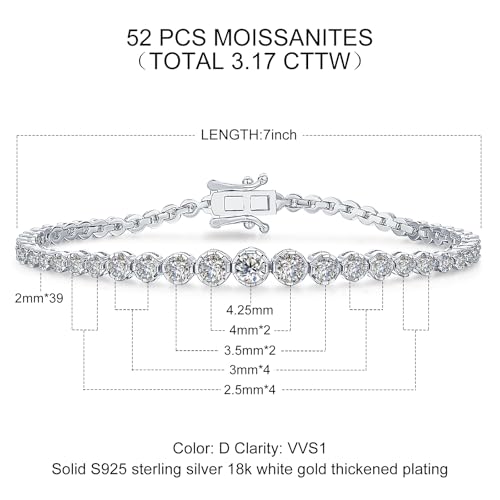 WES Moissanite Tennis Bracelets for Women - Total 3.17ct D Color VVS1 925 Sterling Silver Graduated 2.0-4.25mm Round Cut Moissanite Bracelet for Women and Men, Size 6.5-7.5 inch2