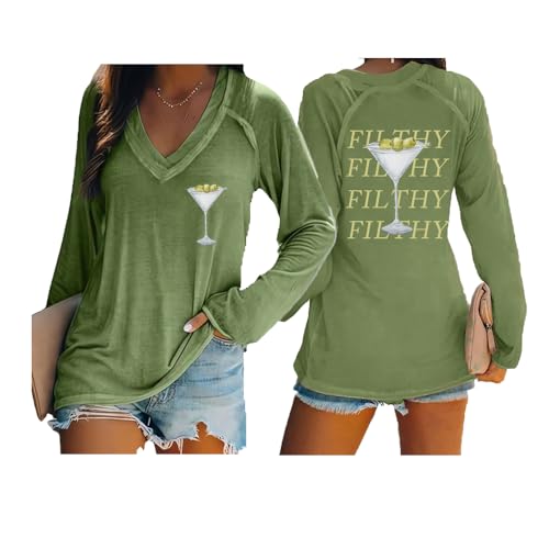 SameeFloral Dirty Martini Sweatshirt Filthy Martini Shirt Martini Shirt Cute Graphic Shirt V Neck Long Sleeve Shirt Green