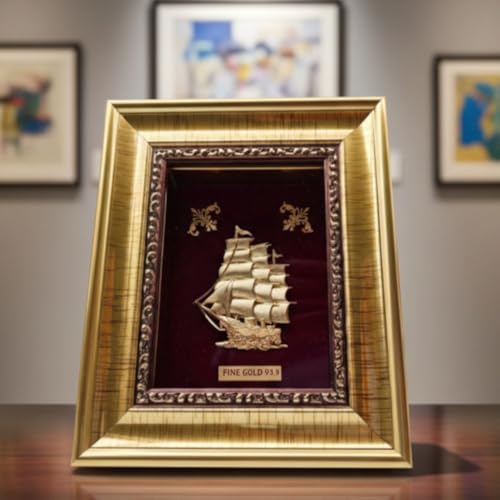 Image of PARASMONI Gold Sailing Ship Statue Feng Shui Decor for Fortune, Wealth and Prosperity - Decorative Gold Wealth Sailing Boat Decor for Office and Home - Corner Living Room Nautical Decoration