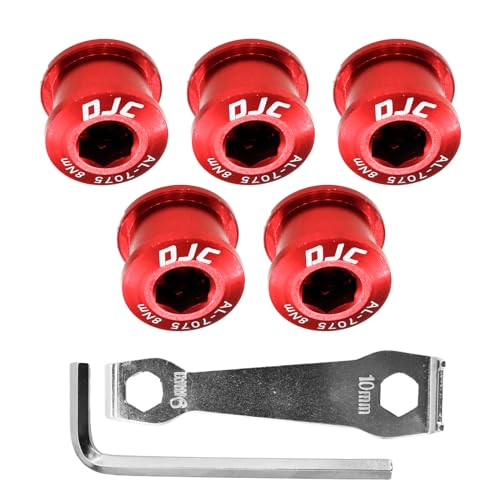 DJC Bike Chainring Aluminum Bolts for Single and Double Chainring M8 Road Bike MTB,with M5 Hex Wrench and Install Tool Wrench (Aluminum red, Single Chainring Bolts)