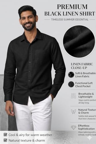 Image of Men's Linen Blend Shirt | Breathable Summer Shirt for Men | Full Sleeve Casual | Classic Fit Solid | Lightweight Comfortable | Summer Classics Collection