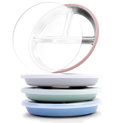 Image of Bakpoco Stainless Steel Toddler Suction Plate with Lid, Deepened 9" Divided Plates with Removable Silicone Sleeves for Kids, Non Toxic Unbreakable Snack Dishes Set of 4, Sage Blue Gray Blush