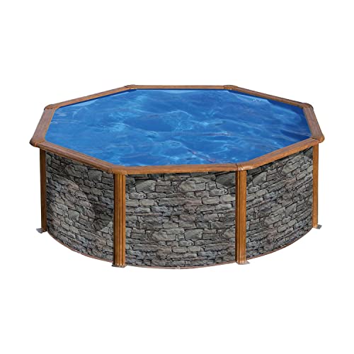 Paradies Pool® Gre Giant rund 460x120cm (Ø x H), Stahlwandbecken Stein/Holz, Poolplane in blau 0,4mm, Handlauf extra breit, inkl. Skimmer-Set und Leiter, Swimmingpool, Menge: 1 Stück