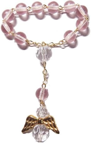 Small pocket one decade pink glass rosary beads angel design prayer gift 10.5cm