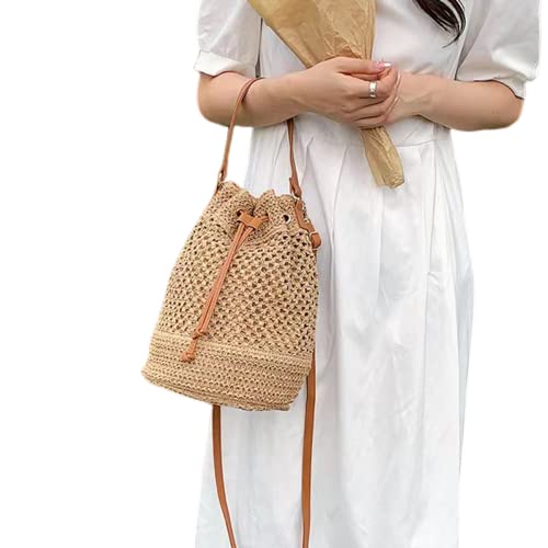 Image of Women Straw Drawstring Bucket Purse Small Tote Shoulder Handbag Hollow Out Cross-body Bag for Summer,Beach | Straw