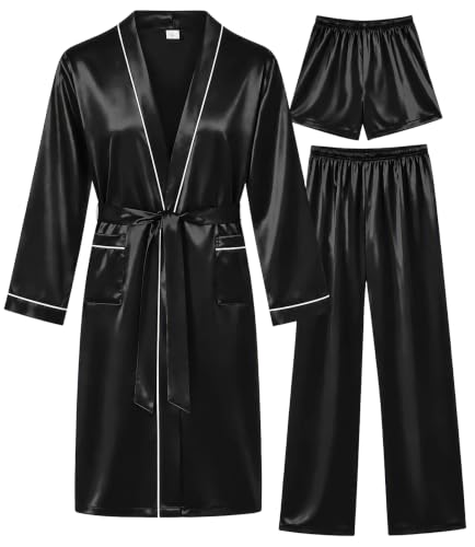 Image of SWOMOG Mens 3 PCS Satin Robe with Pants & Shorts Set Kimono Bathrobe Long Sleeve Sleepwear Pjs Sets with Pockets