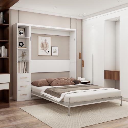 Image of KEIKI Queen Size Vertical Cabinet Murphy Bed with 1 Side Cabinet, Multifunctional Foldable Hideaway Wall Metal Bed Frame with Slats, No Box Spring Needed, Easy Assembly, for Bedroom, Guest room, White