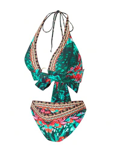 SOLY HUX Bikini Sets for Women Floral Print Halter Bathing Suit Tie Back Boho Vacation Two Piece Swimsuit3