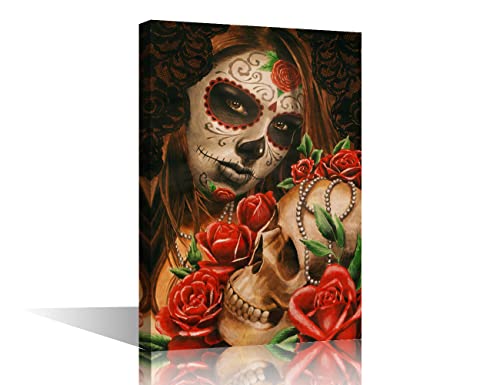 Wall Art Painting Mexican Day Of The Dead Skull Girl Picture Print On Canvas Wall Decor Poster Framed And Stretch Canvas Artwork For Living Room Bedroom Ready To Hang 12X18Inch (30X45Cm) #TOP14