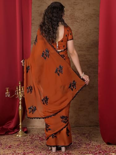 Image of Satrani Women's Shimmer Georgette Sequins Embroidery Saree with Unstitched Blouse Piece