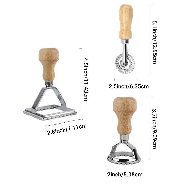 Image of HASTHIP Ravioli Stamp Maker Cutter with Roller Wheel (Set of 3), Wooden Handle and Fluted Edge, for Ravioli, Pasta, Dumplings Lasagna, Pierogis