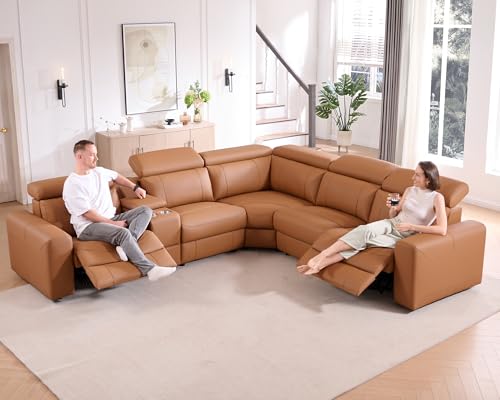 Image of AMERLIFE Power Recliner Sectional Sofa with Storage /USB Port, Leather Recliner Sofa with Adjustable Headrest, Reclining Sectional Couches with Console and Cup Holder for Living Room (Brown, 5-Seater)