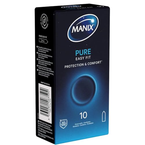 Manix Puro: Scatola di 10 preservativi classici in lattice/preservativi per uomo lubrificati e sottili di dimensioni standard/larghezza nominale 53 mm