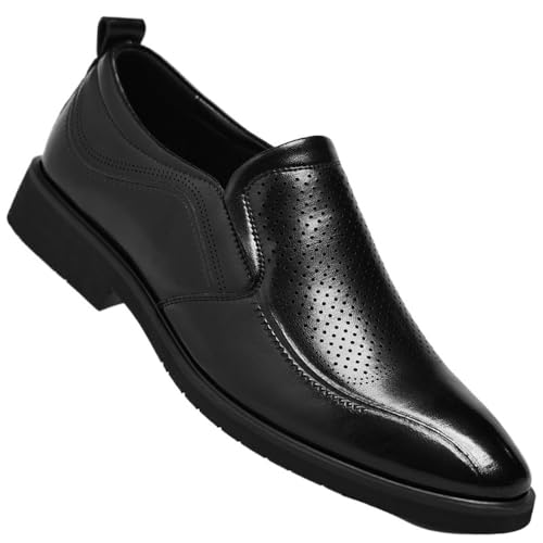 Men's Slip On Dress Shoes Wide Fit Breathable Hollow Leather Formal Office Loafers Easy Wear Classic Suit Shoes