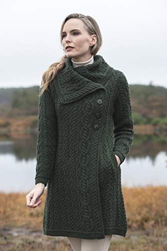 Image of Aran Crafts Women's Cable Knit Soft Collar 3 Button Coat (100% Merino Wool)