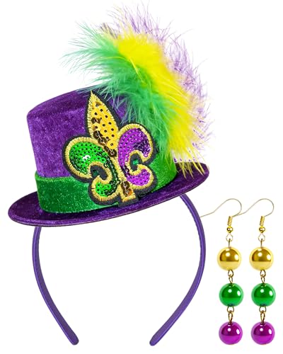 Purple Mini Top Top Hat Fleur-de-Lis with Feathers and Purple Gold Green Beads Earings Crazy Headwear for Women Halloween Cosplay Costume Party