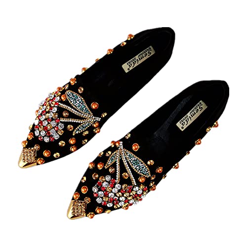 SWYIVY Women Rhinestone Flats Slip On Pointed Toe Sparkle Flats Faux Suede Ballet Embellished Flats Black Size 8