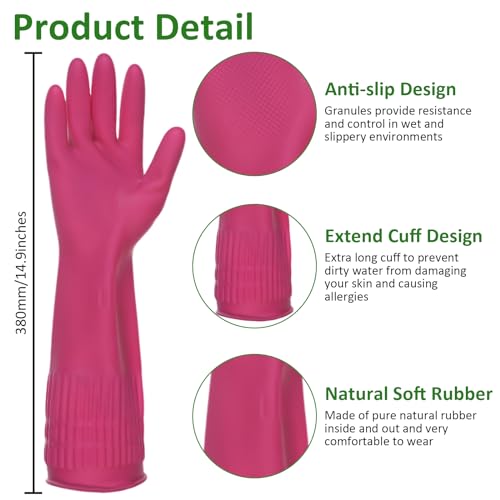 WATUNID 3 Pares Guantes De Goma Largo, Guantes De limpieza Antideslizantes, Limpieza Reutilizable el Hogar, Guante Cocina, Baño, Lavandería, Jardinería, Cuidado(L,Amarillo, Rosa, Verde) - imagen 2