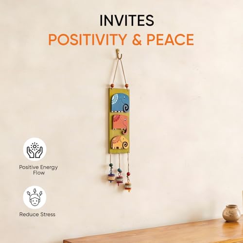 Image of Aakriti Art Creations Trinity of Elephants Windchime Multicolor | Handmade Modern Art Wooden & Metal Wind Chime | Matte Decorative Wind Chimes for Balcony, Garden, Living Room & Gifting