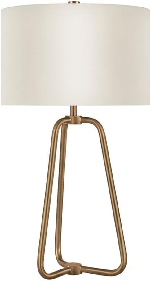 Pemberly Row 25.5" Mid Century Metal Table Lamp, Brass Finish, Drum Shade in Chiffon Linen, Versatile Lighting for Bedroom, Home Office, Living Room, or Dining Room