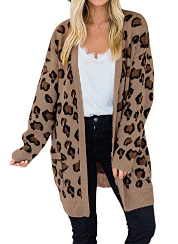 Women's Long Sleeve Open Front Leopard Print Cardigan with Pockets (Small, Brown)