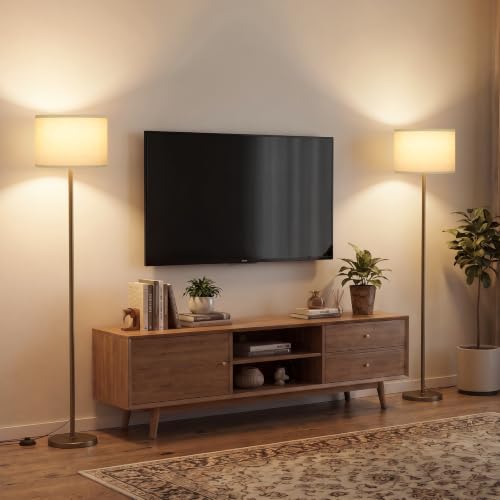 Image of Ambimall 60'' Modern Floor Lamp Set of 2, 2PK Tall Lamps for Living Room Bedroom, Beige Shade with Brown Pole(Without Bulb)