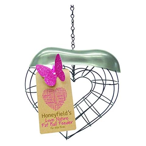 Honeyfields Wild Bird 'Love Nature' Fat Ball Suet Feeder, Heart Shaped, Black metal with a Decorative Stainless Steel lid, Easy to Hang & a great Gift for a Loved one Cover
