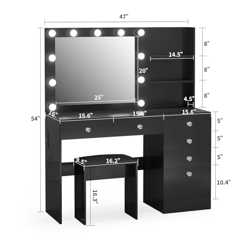 Image of VOWNER 47 inch Vanity with Outlet - Makeup Vanity Desk with Mirror, Storage Shelves and 6 Drawers, 3-Color Light, Makeup Desk Set with Stool for Bedroom, Black