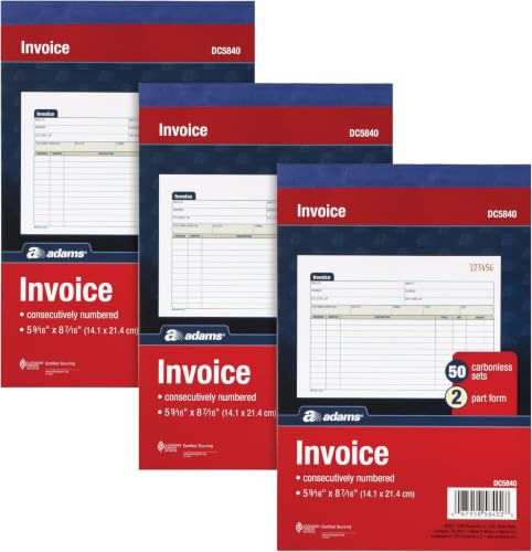 Image of Adams Invoice Book 24 Pack, 2 Part Carbonless Invoices, Horizontal Sales Slip, 5-9 /16 x 8-7 /16 Inches, 50 Sets per Book (DC5840-3)