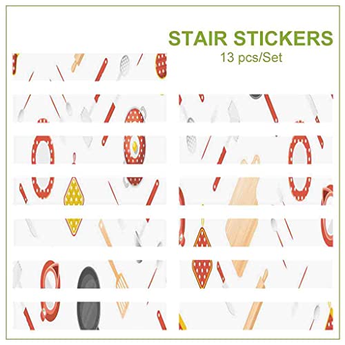 Johizuta Stair Stickers Set Of 13 Teapot Bowl Fork Pan Knife Spoon Kitchen Utensil Cartoon Pattern Decorative Staircase Sticker Decals Removable Murals For Stairs Risers Stairway Wall Decor,39.4"X7.1" #TOP2