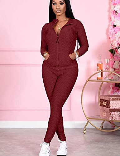 Cailami Women's Long Sleeve Top Gym Legging Pants Set 2 Piece Tracksuit Workout Outfits, Medium, Wine Red #TOP2