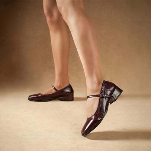 Image of Theater Miss Newton Mary Jane Block Heels with Vintage Textured Detailing for Women | Adjustable Cross-Strap Buckle and Comfort Sole for Office, Formal