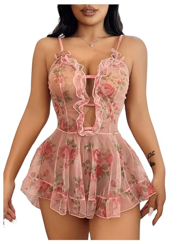 Women's Babydoll Lingerie Floral Mesh Frill Ruffle Babydoll Lingerie Dress Chemise Nightgown