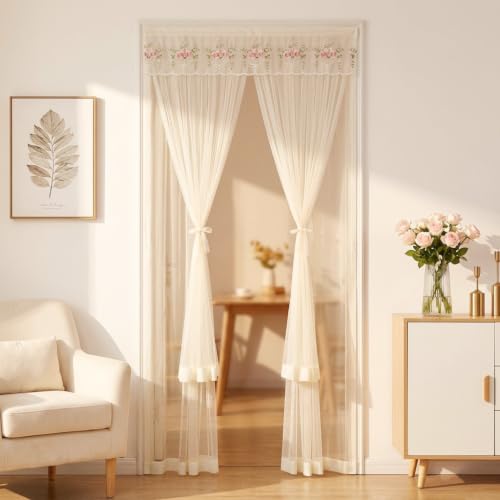 Image of HASTHIP Lace Door Curtain Double Layer Sheer Privacy for Doorway | Mesh lace fabric with easy tape installation filters soft light keeps mosquitoes out