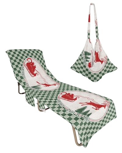 Green Plaid Christmas Beach Lounge Chair Towel Cover, Soft Chaise Lounge Towel with Side Pockets Patio Pool Chairs Cover for Beach/Pool Sunbathing 29x85 Xmas Tree Elk Green Checkered