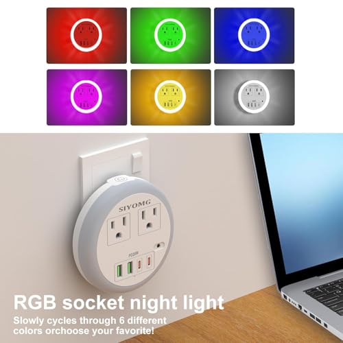 Image of LED Night Lights Plug into Wall, Plug in Night Light with 4 USB Ports and 2 Outlets, Smart Dusk to Dawn Sensor 6-Color Adjustable, Night Light for Bathroom Bedroom Hallway
