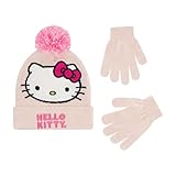 Hello Kitty Beanie Hat and Gloves Set, Girls Cuffed Marled Winter Knit Cap with Pom and Matching Mittens, Pink, One Size