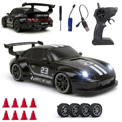 Image of Royal Cellar RC Drift Car 1:24 Scale 4WD | 20KM /H High-Speed Remote Control Car with LED Lights | 2.4GHz Rechargeable Drift Racing Car with Extra Tires & Cones | Gift Boys & Girls (POR)