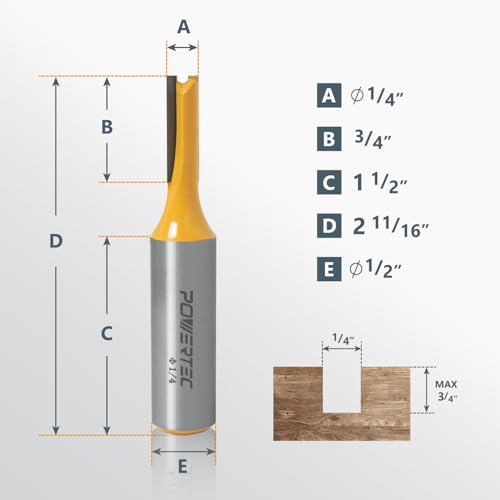 Image of POWERTEC Straight Router Bit - 1 /4 inch Cutting Diameter, 1 /2 inch Shank, Tungsten Carbide, 3 /4 inch Depth & 2-11 /16 inch Overall Length - Fits CNC, Handheld & Plunge Routers, 1PK (73051)